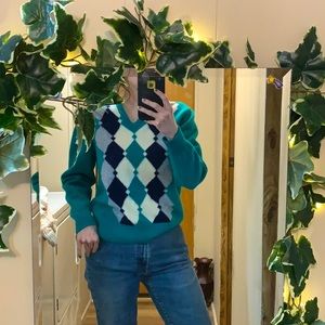 CLAN ROYAL VINTAGE LAMBSWOOL ARGYLE GRANDPA SWEATER TEAL SIZE L